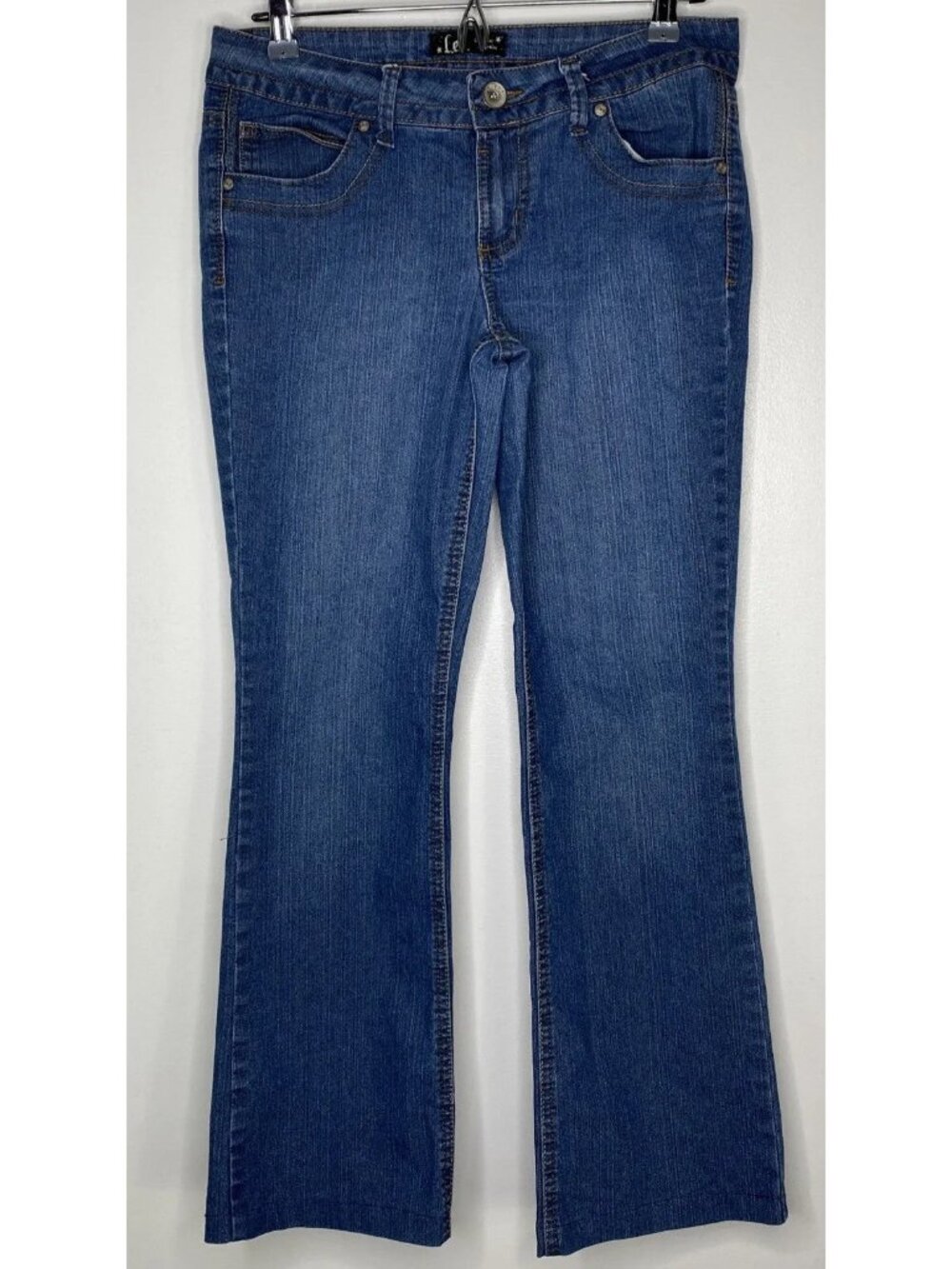 Lei Size 7 Y2K Chelsea Lowrise Flared Embroidered Blue Jeans 2000s Dark Wash